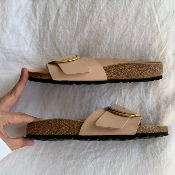 NEW Birkenstock Madrid Big Buckle Patent Leather Sandals Slip High Shine Beige - Picture 2 of 7